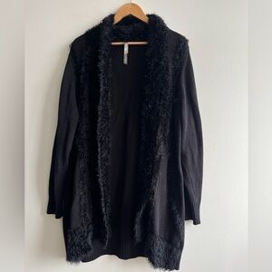 Black Romantic Noir Long Black Cardigan with Cozy Faux Fur Fringe XL